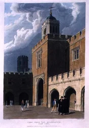 Beskåda från fyrkanten, Rugby School, från "Historia av Rugby School", en del av "History of the Colleges", ingraverat av Daniel Havell (1785-1826) pub. av R. Ackermann
