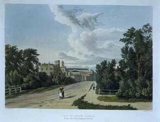 Vy över Rugby School från Northampton Road, från "History of Rugby School", en del av "History of the Colleges", ingraverat av Daniel Havell (1785-1826) pub. av R. Ackermann