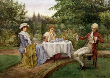 Läsa i trädgården. Läsning i en trädgård. En man läser en dikt för två kvinnor som sitter avslöjande runt ett tefat. Målning av William A. Breakspeare (1855-6-1914 brittisk) Privat samling