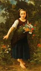 Liten flicka vid bäcken med en bunt av blommor, 1886