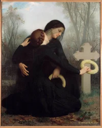 Dödsdagen En mor och dotter framför den avlidne faderns och makens (?) grav. Målning av William Adolphe Bouguereau (1825-1905) Sön. 1,20 x 1,47 m. Bordeaux. Museum of Fine Arts