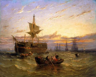 Brittiskt ostindiskt handelsfartyg på Themsen (England). Olja på duk av William Adolphus Knell (1802-1875).