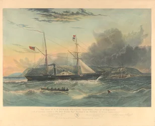 Denna vy av H.M. Steam Frigate Geyser, när den befann sig utanför Mt. Edgecombe, är... tillägnad Sir John Barrow...