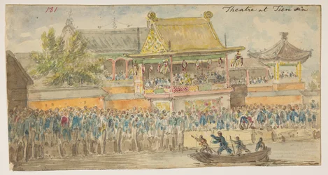 181 ’Teater i Tien synd.’  , från ett album med 372 teckningar av landskap, kustlinjer, kostymer och vardagsliv gjorda under Lord Macartneys ambassad till Kinas kejsare, mellan 1792 och 1794 (penna och akvarell på papper)