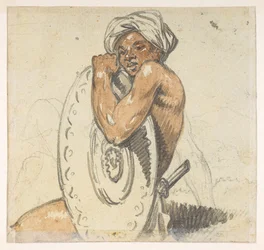 29v Ung man med sköld.  från ett album med 372 teckningar av landskap, kustlinjer, kostymer och vardagsliv gjorda under Lord Macartneys ambassad till Kinas kejsare, mellan 1792 och 1794 (penna och akvarell på papper)