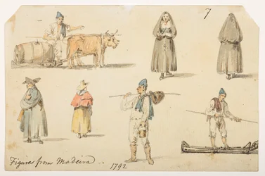 7’ figurer från Madiera. 1792.’  från ett album med 372 teckningar av landskap, kustlinjer, kostymer och vardagsliv gjorda under Lord Macartneys ambassad till Kinas kejsare, mellan 1792 och 1794 (penna och akvarell på papper)