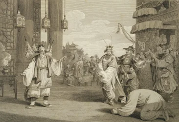 En scen i en historisk pjäs utställd på den kinesiska scenen, graverad av puben James Heath (1757-1834). av G. Nicol, 1796