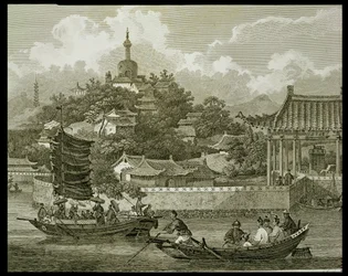 En vy av trädgårdarna av det kejserliga palatset, Peking, detalj, graverad av Samuel Smith, pub. av G. Nicol, 1796