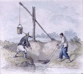 Kinesiska arbetare som samlar vatten (akvarell)