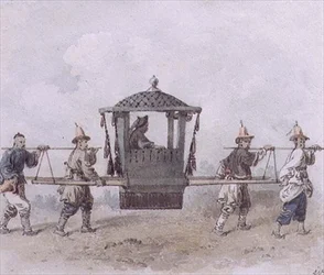 Kinesiska tjänare som bär en Palanquin (akvarell)
