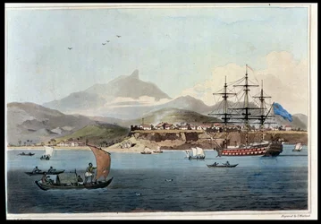 Porto Praya på ön St Jago, tavla 4 från "A Voyage to Cochinchina" av John Barrow (1764-1848), graverad av Thomas Medland (1755-1823) 1806 (akvatint).
