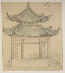f.63 167 Tempel.  , från ett album med 372 teckningar av landskap, kustlinjer, kostymer och vardagsliv gjorda under Lord Macartneys ambassad till Kinas kejsare, mellan 1792 och 1794 (penna och akvarell på papper)