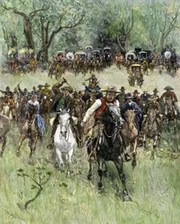 Förenta staterna, Oklahoma State: West Conquete. Ägare lastar vid signal i västra Oklahoma under landrusningen