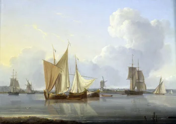 Ankomst till Limehouse, London (England), olika båtar på Themsen och en kvarn på stranden samt till höger Greenwich Hospital. Olja på duk, ca 1820, av William Anderson (1750-1778).