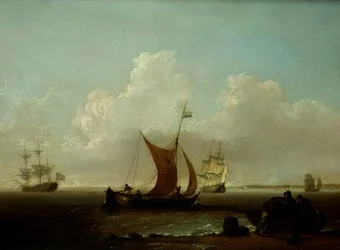 Holländsk sjöfart utanför Hollands kust med fiskare som lastar en båt från land