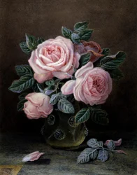 Rosa rosor i en glasvas. Målning av William Hough (fl. 1850-1900) Privat samling.