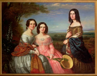 Ett gruppporträtt av tre flickor, tre fjärdedels längd, i ett landskap, 1849
