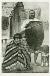 Tre generationer maori. Gravyr av Barbotin, för att illustrera berättelsen Voyage to New Zealand, 1889, av G. Verschuur, i The Round the World 1890, regisserad av Edouard Charton (1807-1890), Hachette, Paris.