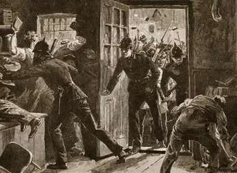 Sammandrabbning i Ennis mellan medlemmar av National League och polisen, 1886, illustration ur ”Cassell