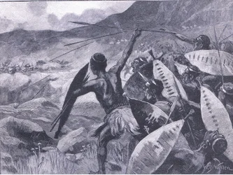 Fighting in the Matopos Hills: charge of the Matabele, illustration från Cassells History of England, 1900-talet