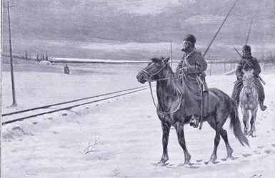 Vaktar järnvägen nära Mukden, illustration från Cassells History of the Russian-Japanese War Vol 1, c.1900