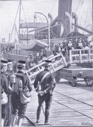 Japanska trupper som går ombord på Kobe, illustration från Cassells History of the Russian-Japanese War Vol 1, c.1900