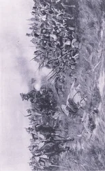 Det 28:e Gloucesterregementet som tar emot franskt kavalleri vid Waterloo 18 juni 1815, illustration från brittiska strider på land och till sjöss, 1915