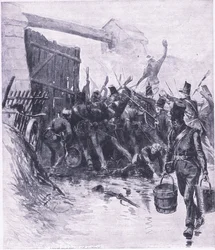 Attacken på La Haye Sainte, illustration från British Battles on Land and Sea, 1915
