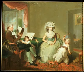 Ett gruppporträtt av Mr och Mrs Hayward med deras barn, Mathilda och George, ca 1789