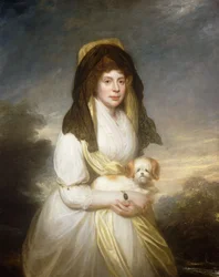 Porträtt av drottning Charlotte, tre fjärdedels längd, i en vit klänning, en gul sjal och svart mantilla, håller en maltesisk hund, i Frogmore Houses område,