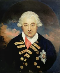 Porträtt av konteramiral Sir John Jervis (1735-1823), förste Earl av Saint Vincent, med Bath-ordens band, befälhavare över den brittiska flottan i Medelhavet 1795 och 1797, tillsammans med Horatio Nelson (1758-1805), han sätter den spanska flottan utanför 
