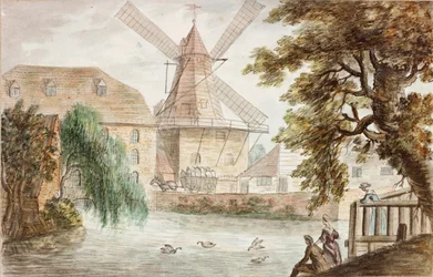 River Scene (penna och akvarell på papper)