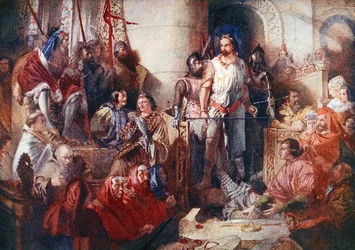 Rättegången mot Sir William Wallace (ca 1272-1305) i Westminster, illustration från "Lives of Great Men Told by Great Men", redigerad av Richard Wilson, ca 1920-talet (litho i färg)