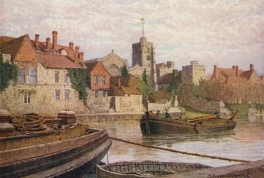 Maidstone, baksidan av det gamla palatset, kyrkan och Old College från andra sidan Medway (färglitografi)