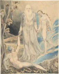 Den gudomliga närvarons ängel som för Eva till Adam (Evas skapelse: ”Och hon skall kallas kvinna”) (recto); skiss till samma motiv (verso)