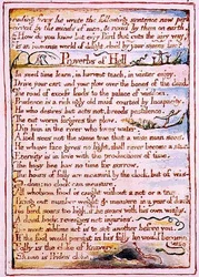 "I samband med att han förgiftade eldar skrev han följande...", text från "The Marriage of Heaven and Hell", c.1790-3 (reliefgrafitering med penn- och akvarellfärg som avslutning)