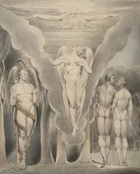 Illustration 4 till Miltons "Paradise Lost": Satan spionerar på Adam och Eva och Rafaels nedstigning till paradiset, 1807