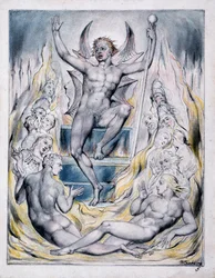 Satan Addressing his Potentates, illustration ur "Paradise Regained" av John Milton, ca 1816-18 (penna  bläck, grå färg och akvarell på papper)