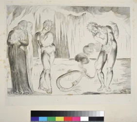 Tjuvarnas cirkel: Buoso Donati attackeras av ormen, Inferno, Canto XXV, illustration till Dante Alighieris "Gudomliga komedi", ca 1827-38 (gravyr).