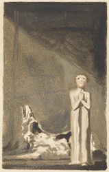 The First Book of Urizen, tallrik 24, En pojke i en lång klänning som står med knäppta händer till höger om en hund
