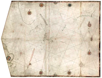 Portulankarta konstruerad av William Borough som visar havsområdet i Nordsjön och Östersjön, från Englands östkust till början av den svenska viken, ca 1580 (pergament)