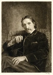 Robert Louis Stevenson (1850-1894) brittisk författare mest känd för sina bästsäljande böcker Treasure Island, Kidnapped and the Strange Case of Dr Jekyll and Mr Hyde. Illustration av William Brassey Hole (1