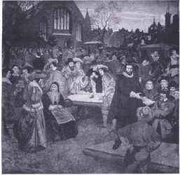 Undertecknandet av National Covenant på Greyfriars Churchyard 1638, ur Cassells History of the British People, utgiven av Waverley Book Company Limited, cirka 1940
