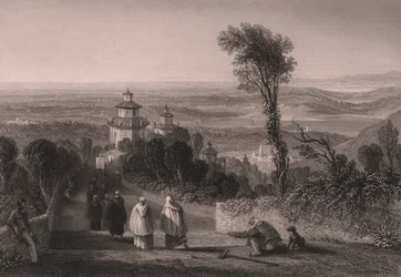 Utsikt från Sacro Monte (Heliga berget) i Varese, Lombardiet, Italien, stålstick av T Willmore från teckning av William Brockedon (1787-1854), ca 23x18 cm