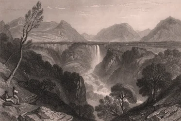 Vy över Marmores fall (Cascata delle Marmore) nära Terni, Umbrien, Italien, stålstick av James Tibbitts Willmore (1800-1863) efter teckning av William Brockedon (1787-1854), cirka 23x18,5 cm