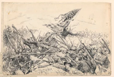 Teckning, Hancocks kår stormar befästningarna vid "Bloody Angle", 1887