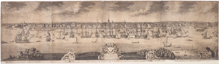 A South Prospect of Ye Flourishing City of New York i provinsen New York i Amerika, graverad av John Harris, 1717-18