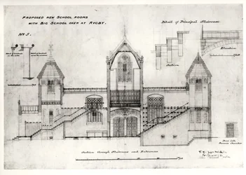 Detaljer om entréer, trappor, dörröppning till ugnskammaren och ledstänger, (New Big School), Rugby School, 1844 (svart bläck, penna och wc)