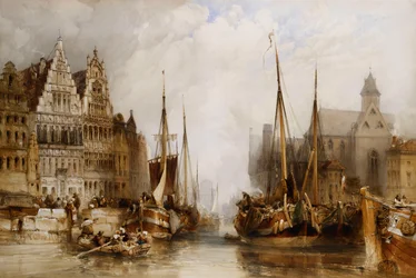Franc Bateliers hus och St. Nicholas kyrka vid kanalen i Gent, 1845