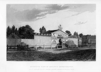 Exteriörvy av Astleys Amphitheater i London som den såg ut 1777, 1840